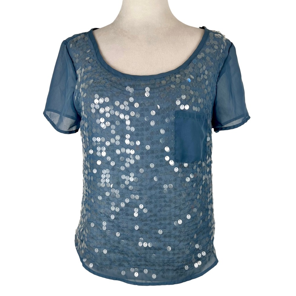 Eyeshadow Light Blue Sequin Sheer Top Small Iridescent Whimsical Ethereal Fairy